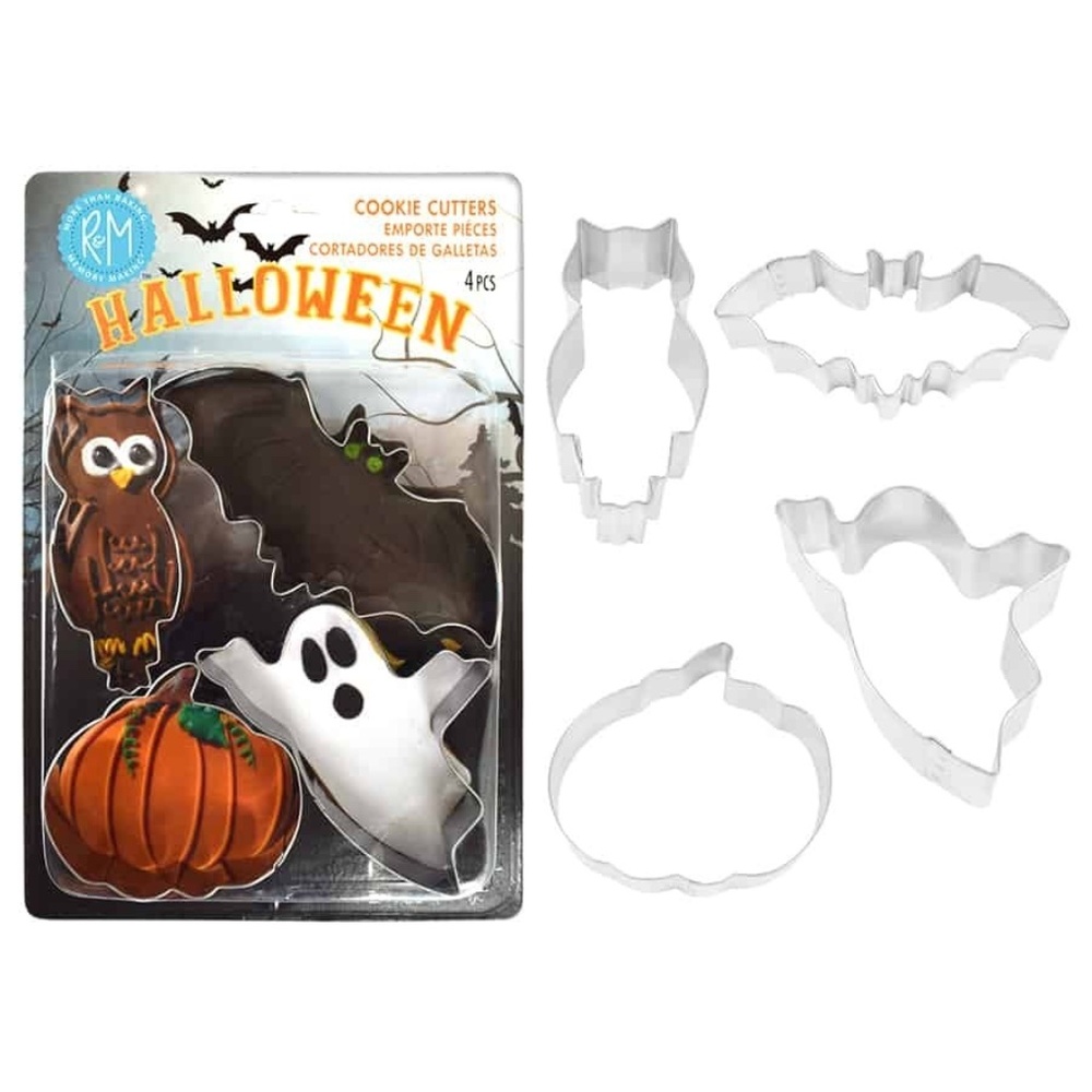 New R&M Halloween Stainless Steel 4 pc Cookie Cutters Set Ghost Owl Pumpkin Bat